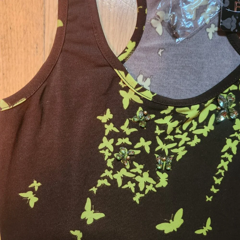Rampage Dress Brown Yellow Cascade Butterflies Ruffled Hem Racerback M Boho Gems - Picture 4 of 8